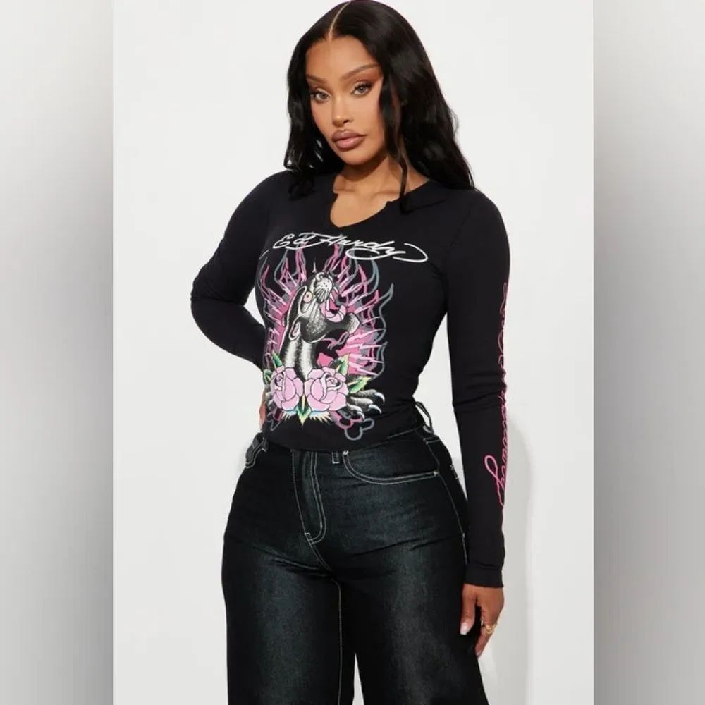 Ed Hardy Panther Roses "Love Kills Slowly" Long Sleeve Ribbed Top